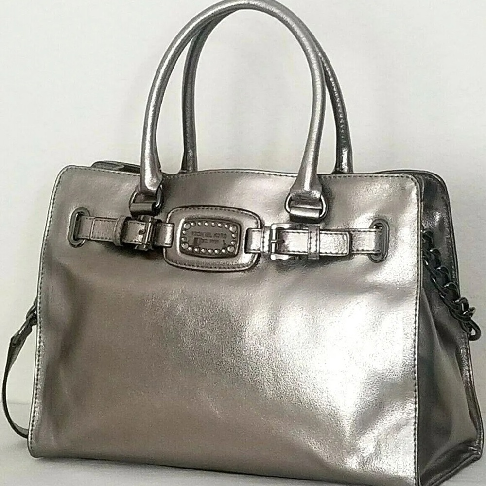 Michael Kors Hamilton Satchel Gun Metal Tote Purse Long and Handle Straps GUC